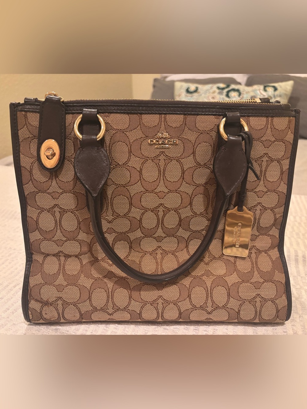 Coach Signature Canvas Satchel in Brown and Dark Brown with Gold Hardware